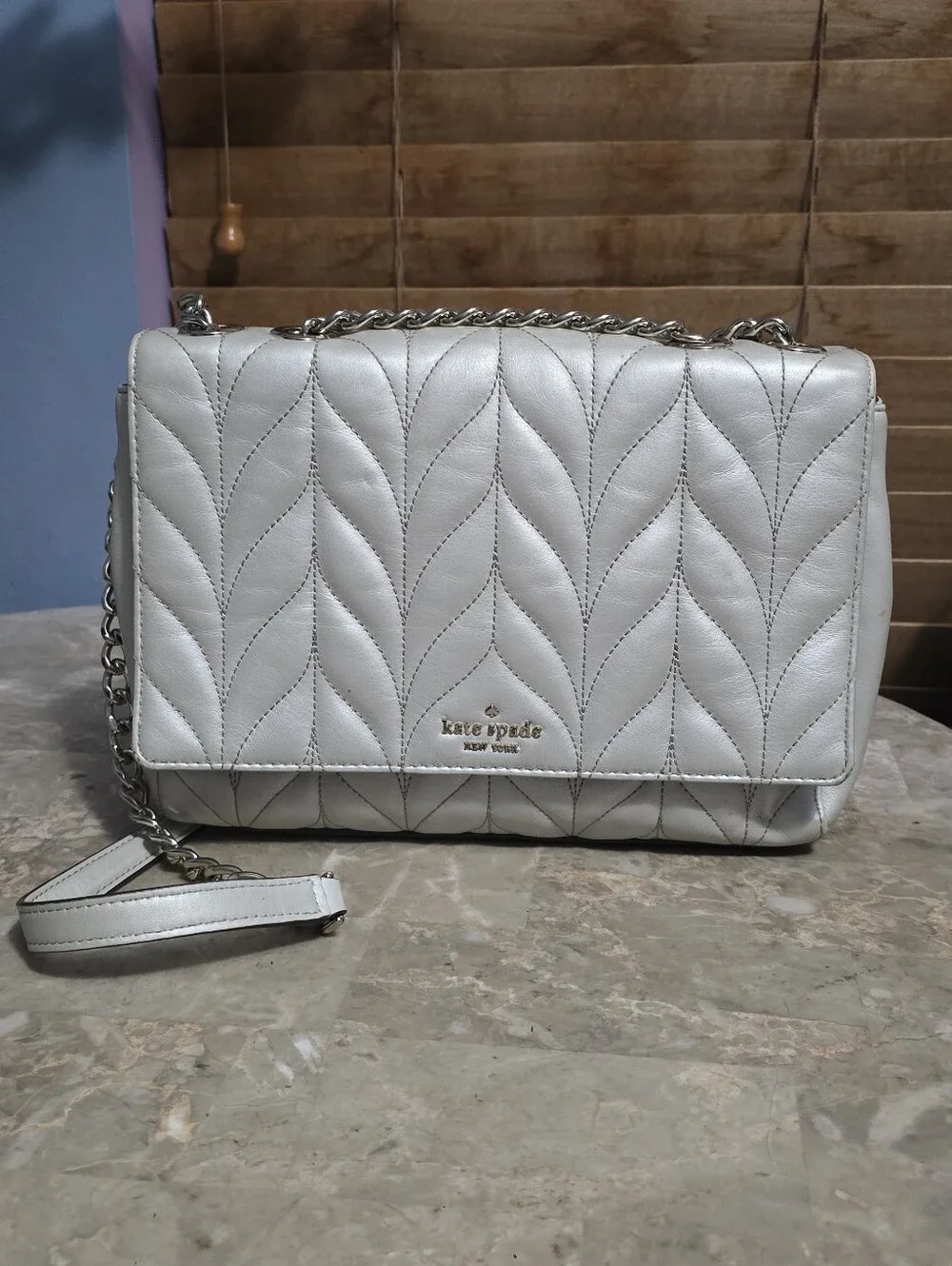 Kate Spade Briar Lane Emelyn Pearl Silver Quilted Leather Chain Crossbody